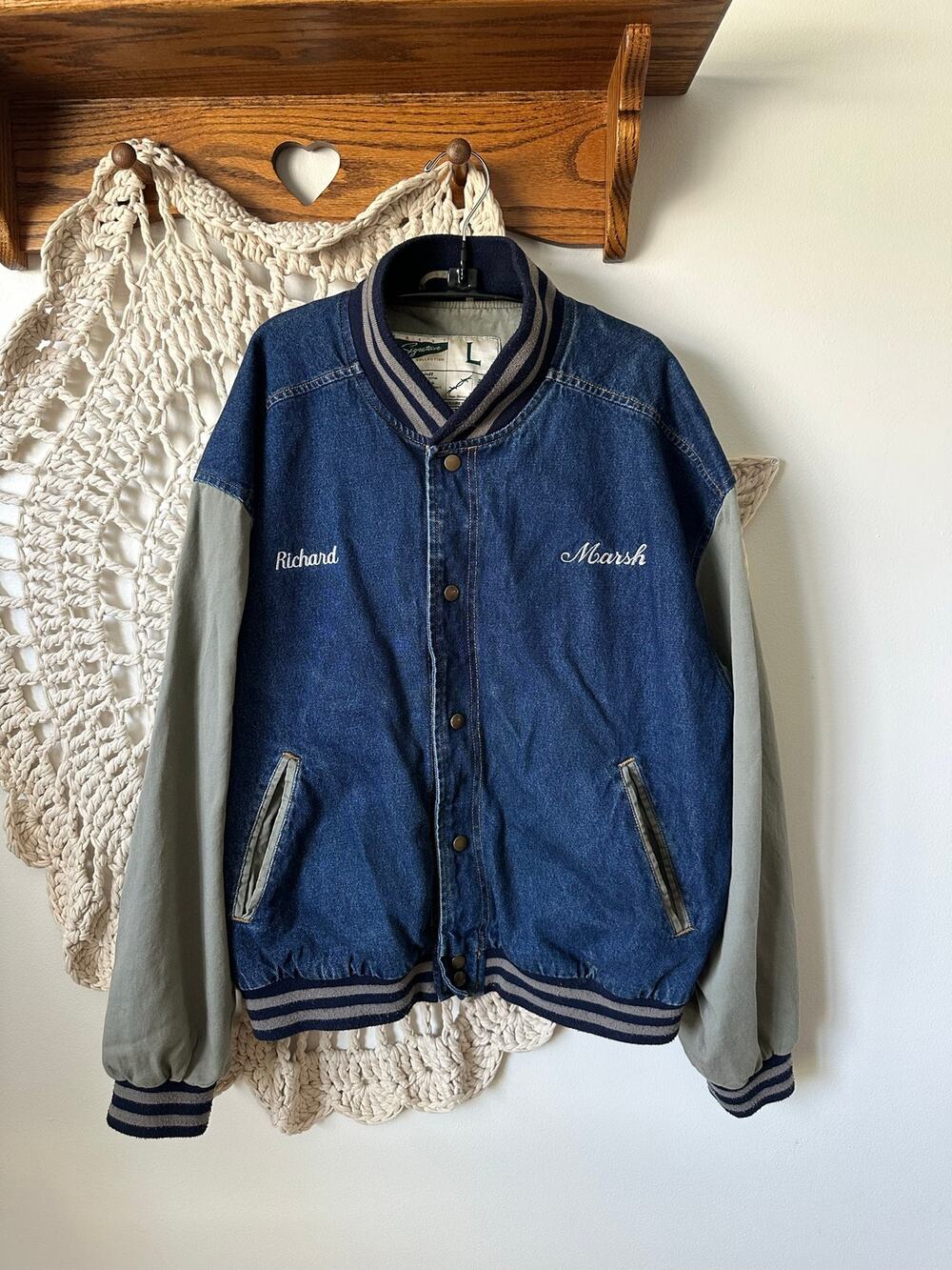 Vintage Varsity Style Denim Jacket Size Large Crest Signature Collection